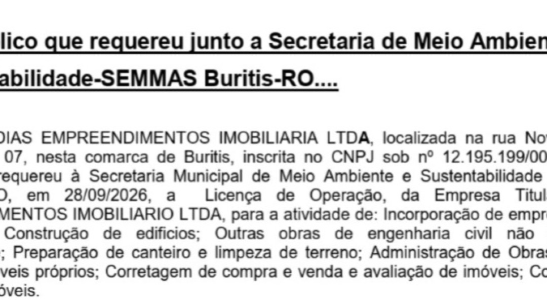 PUBLICAÇÃO LEGAL  R DIAS EMPREENDIMENTOS IMOBILIARIA LTDA