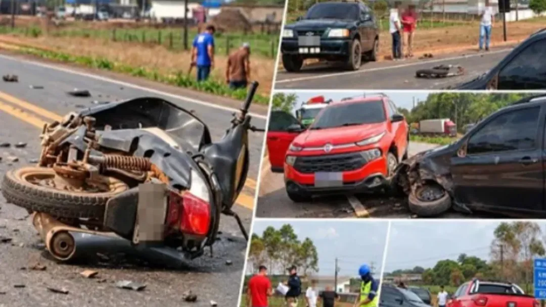 Motociclista fica ferida em acidente envolvendo quatro veículos na BR-364