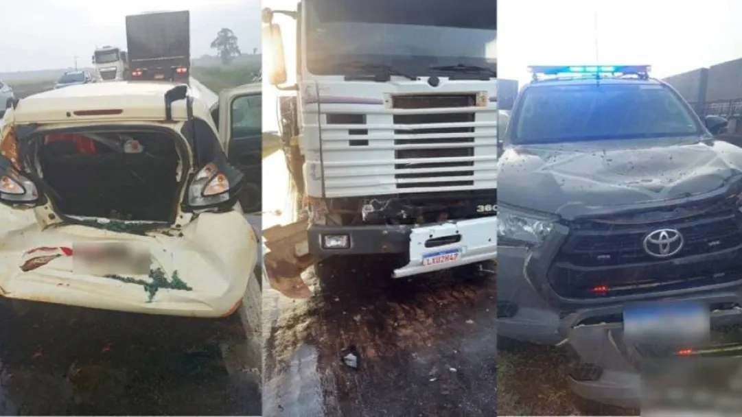 Viatura da Força Tática é atingida por carreta e evita tragédia com família na BR-364