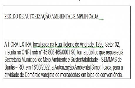 PEDIDO DE AUTORIZAÇÃO AMBIENTAL SIMPLIFICADA    