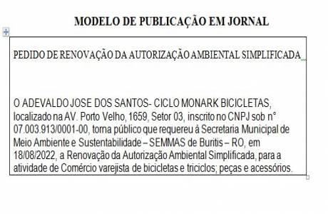PEDIDO DE RENOVAÇÃO DA AUTORIZAÇÃO AMBIENTAL SIMPLIFICADA  